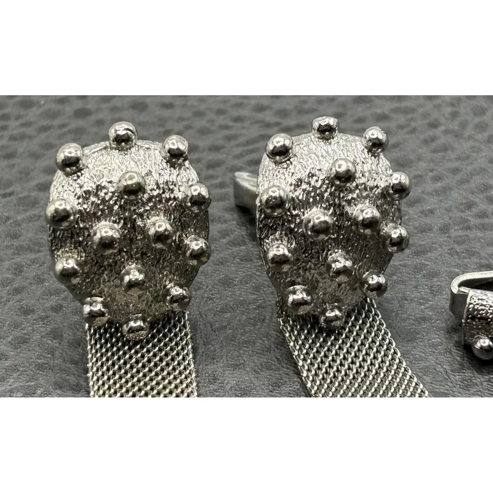 VTG Modernist Atomic MCM Stud Mesh Wrap Cufflinks Tie Clip Set Silver Tone
